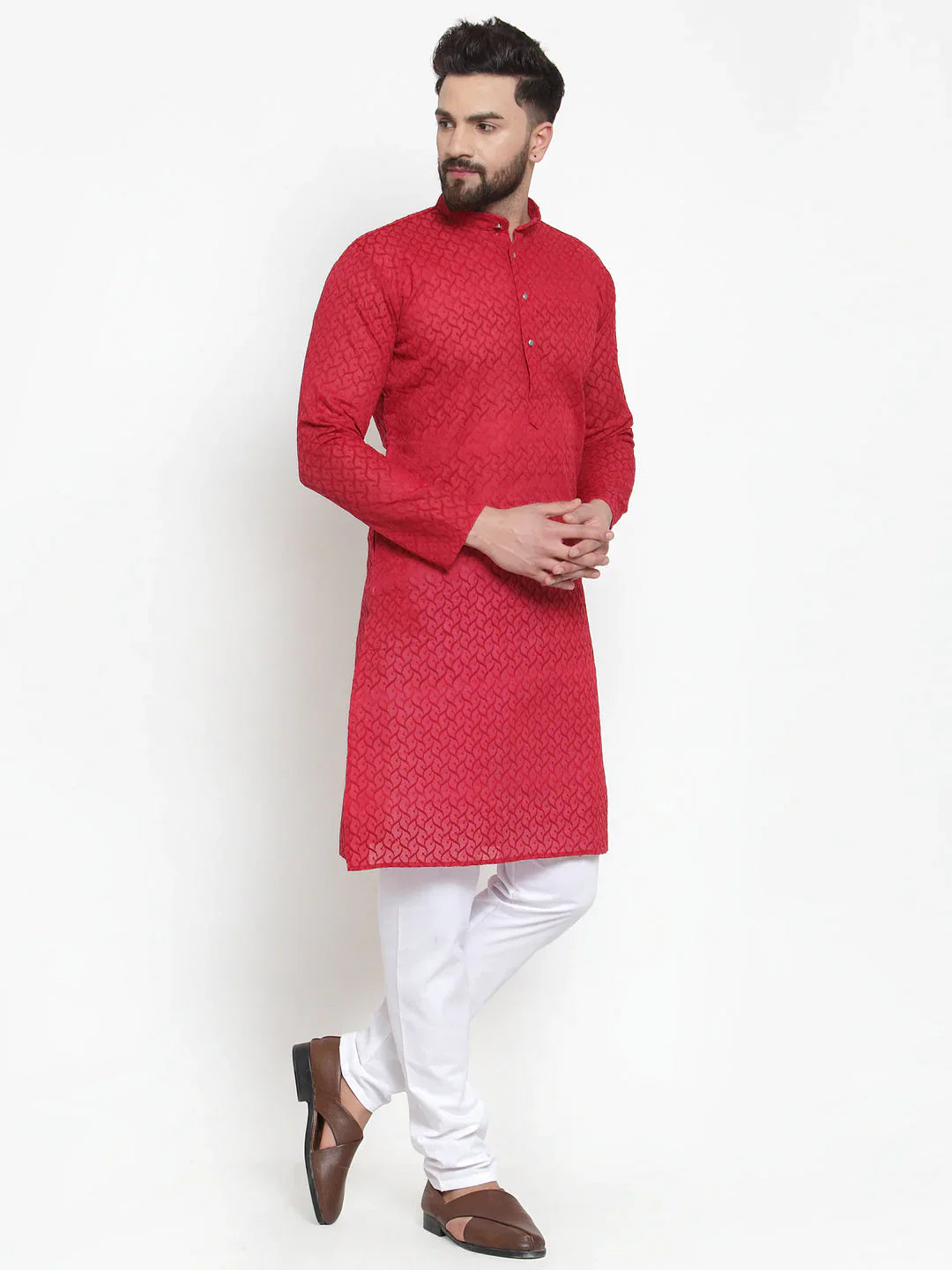 Jompers Men Maroon Chikan Kurta With Churidar