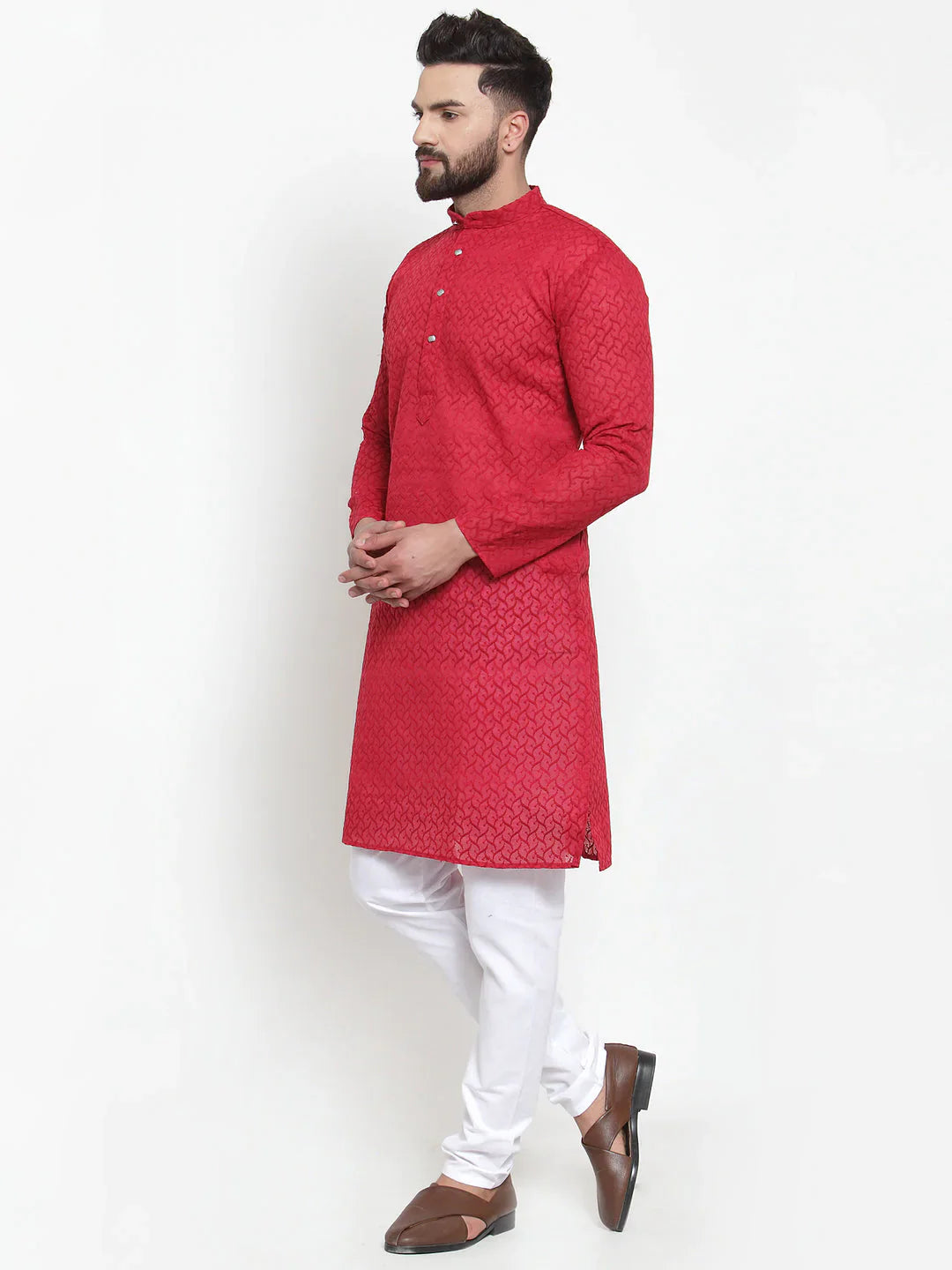 Jompers Men Maroon Chikan Kurta With Churidar