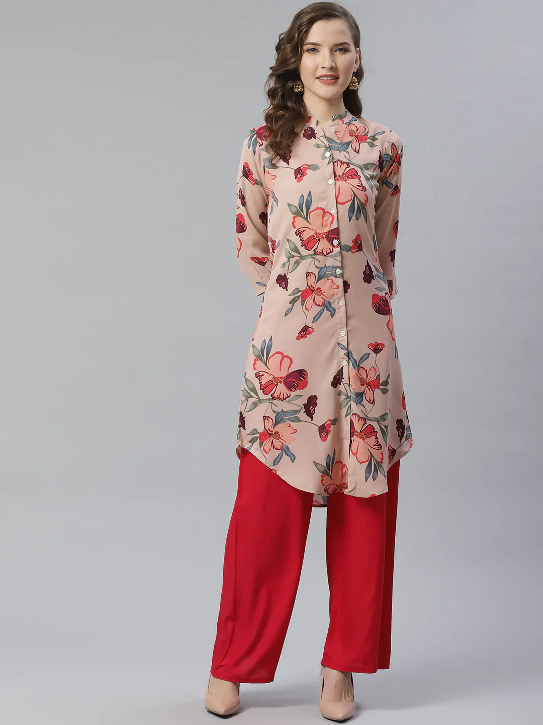Women Peach & Red Printed Summer-cool A-line Kurta ( JOK 1225 Peach )