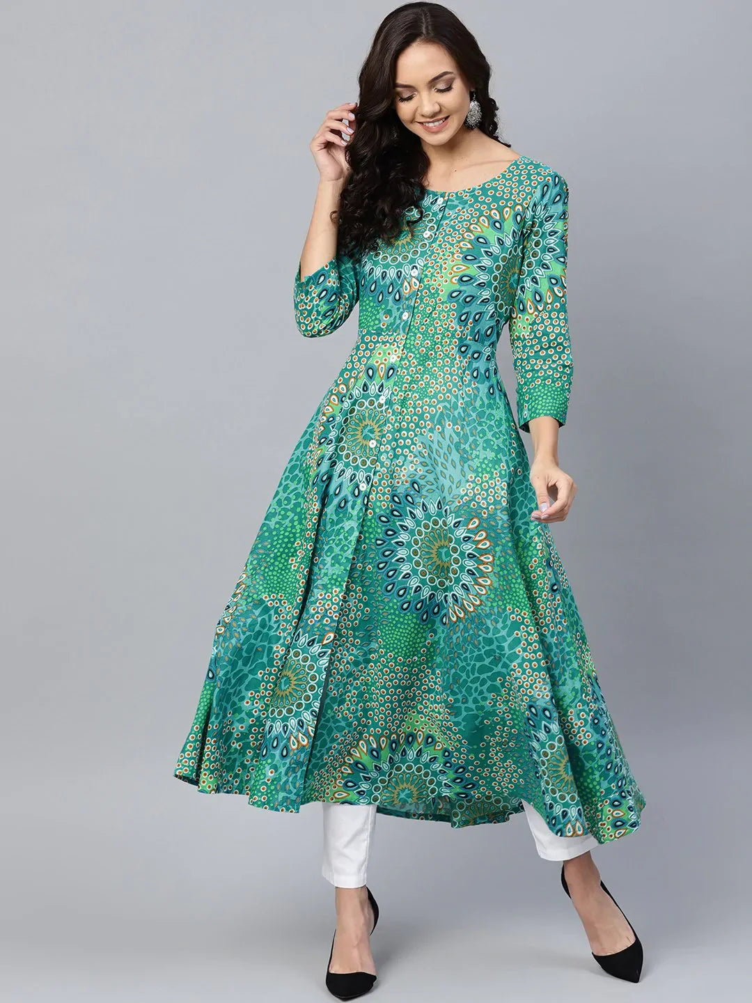 Women Green & White Printed Flared Kurta ( JOK 1249 Green )