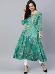 Women Green & White Printed Flared Kurta ( JOK 1249 Green )