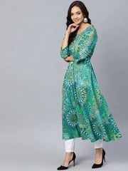 Women Green & White Printed Flared Kurta ( JOK 1249 Green )