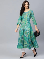 Women Green & White Printed Flared Kurta ( JOK 1249 Green )