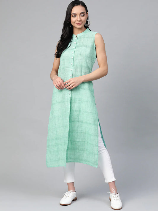 Women Green Pure Cotton Woven Design Straight Kurta ( JOK 1366 Green )