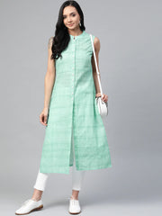 Women Green Pure Cotton Woven Design Straight Kurta ( JOK 1366 Green )