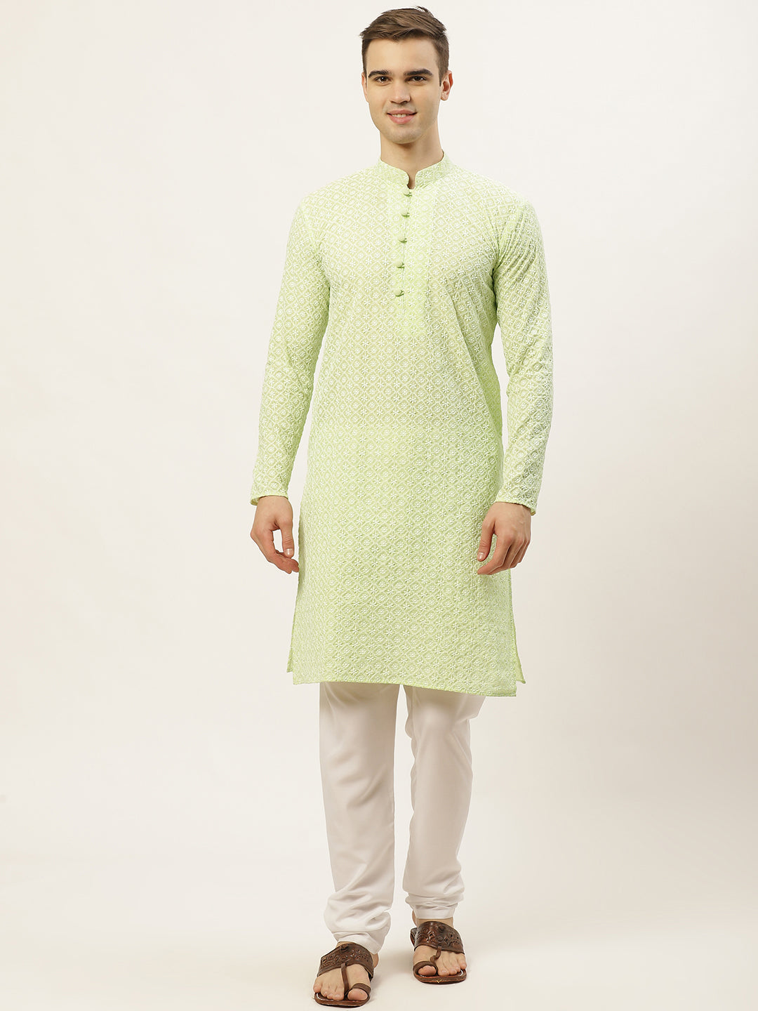 Jompers Mens Green Embroidered Kurta Payjama Sets