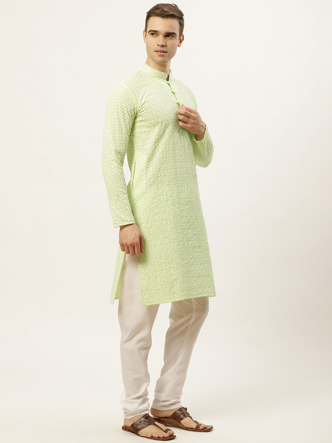 Jompers Mens Green Embroidered Kurta Payjama Sets