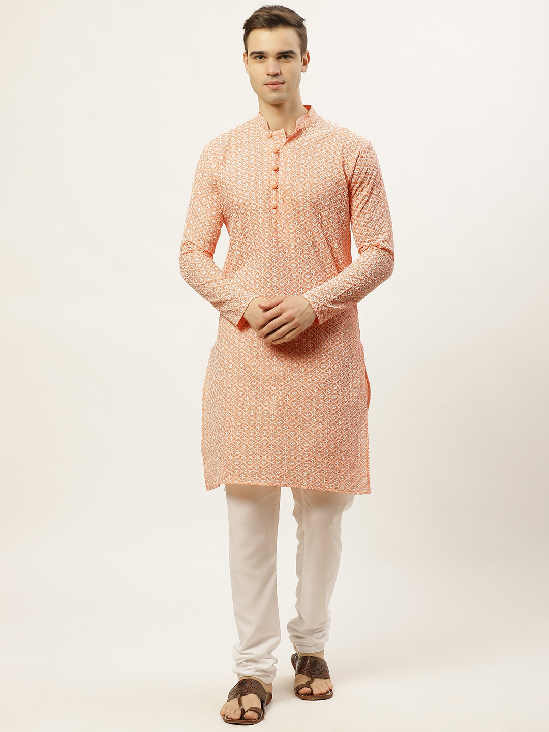 Jompers Mens Orange Embroidered Kurta Payjama Sets
