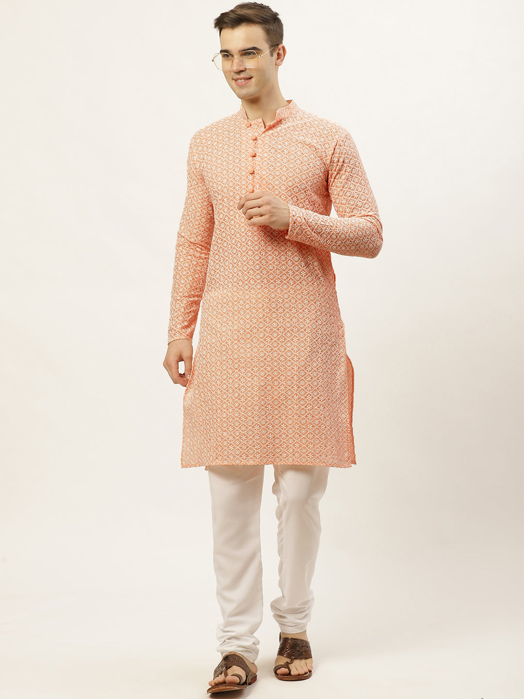 Jompers Mens Orange Embroidered Kurta Payjama Sets