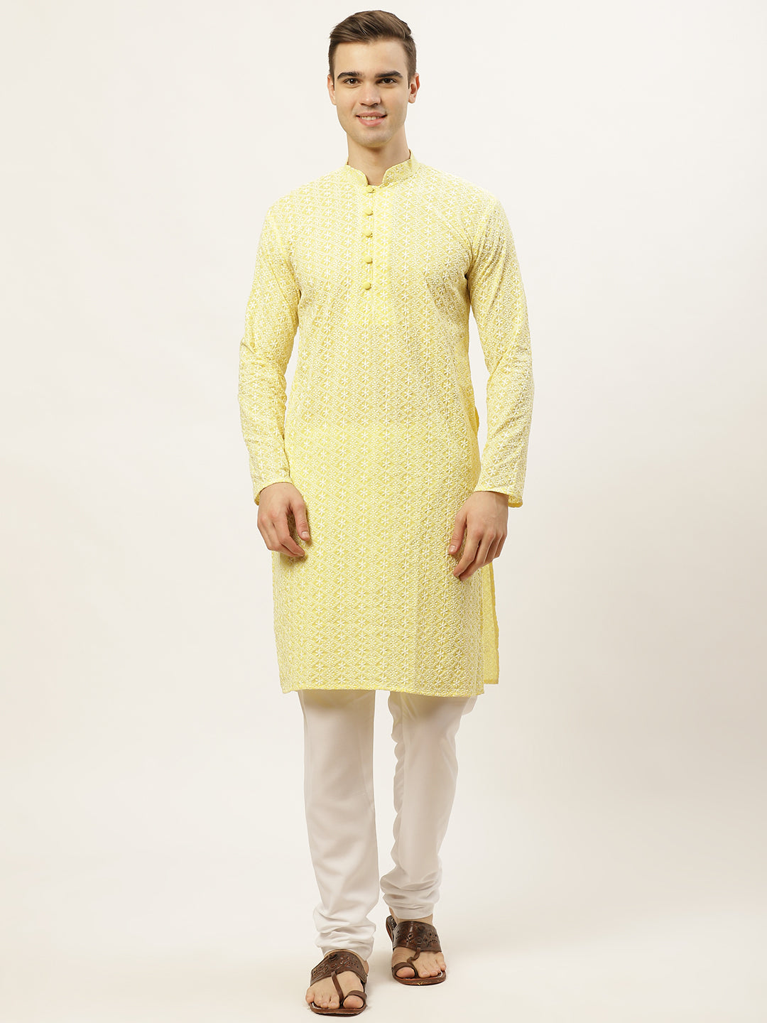 Jompers Mens Yellow Embroidered Kurta Payjama Sets