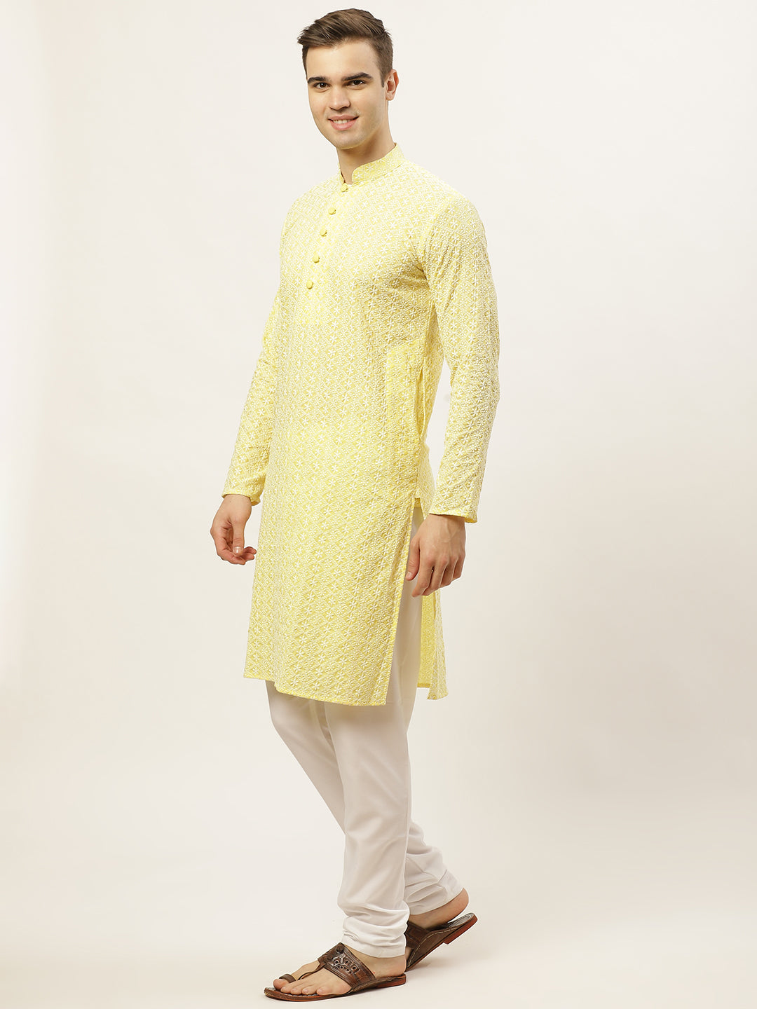 Jompers Mens Yellow Embroidered Kurta Payjama Sets