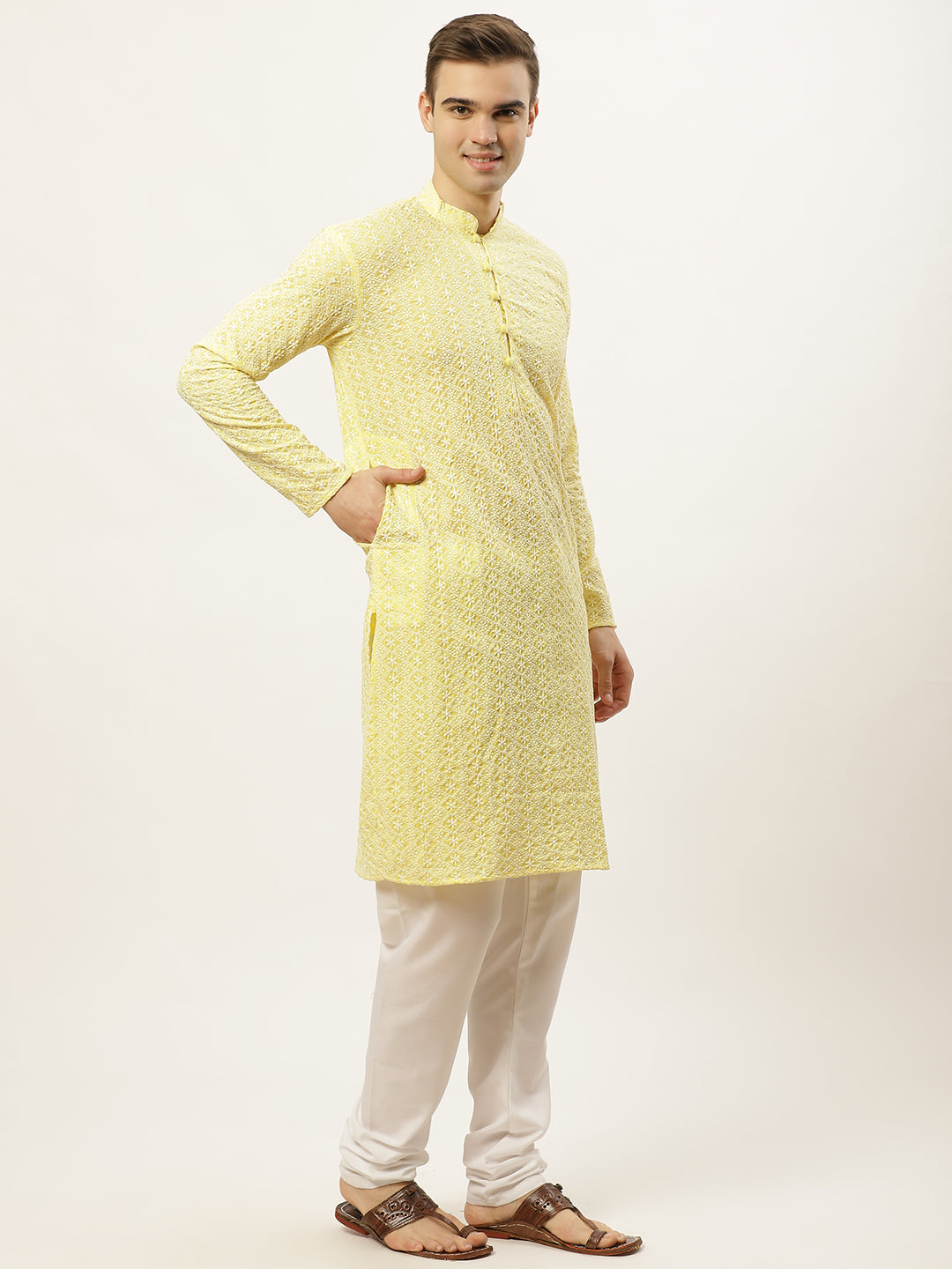 Jompers Mens Yellow Embroidered Kurta Payjama Sets