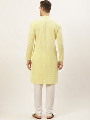 Men's Yellow Embroidered Kurta Payjama Sets ( JOKP 626Yellow )