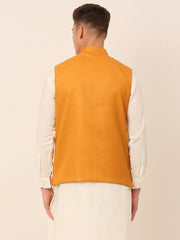 Men Mustard Solid Woven Sleeveless Nehru Jackets ( JOWC 4046 Mustard )