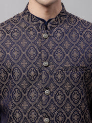 Men Navy Blue and Brown Woven Design Waistcoats