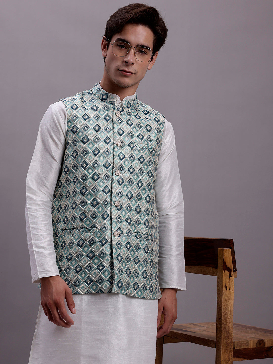 Mens Turquoise Blue Woven Design Nehru Jacket With Solid Kurta Pyjama