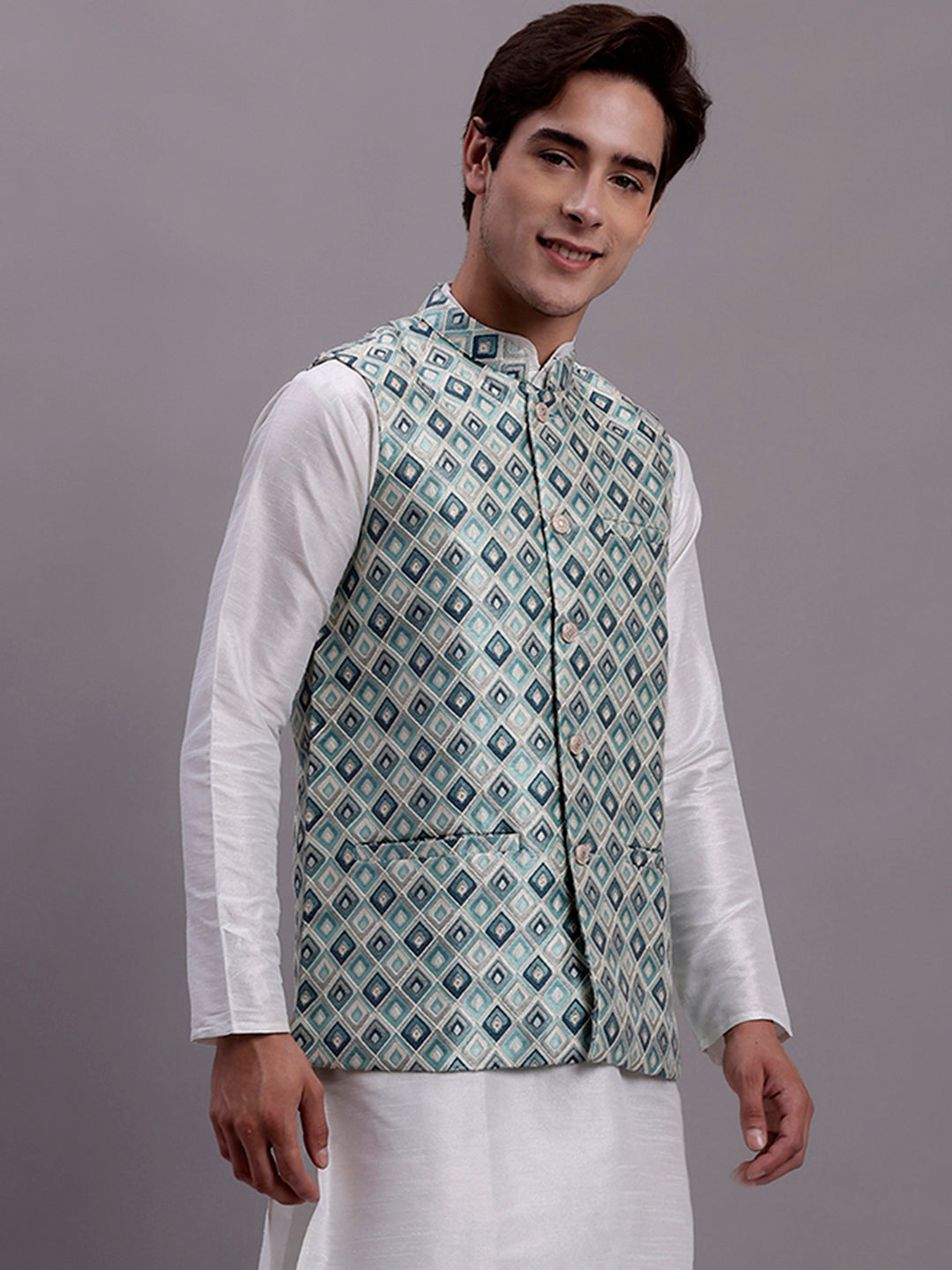 Mens Turquoise Blue Woven Design Nehru Jacket With Solid Kurta Pyjama