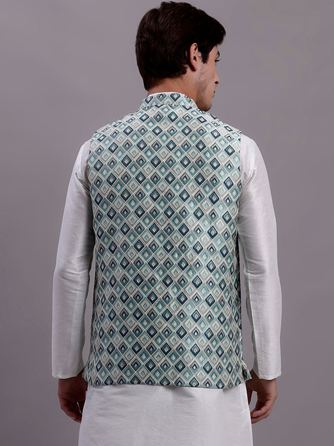 Mens Turquoise Blue Woven Design Nehru Jacket With Solid Kurta Pyjama