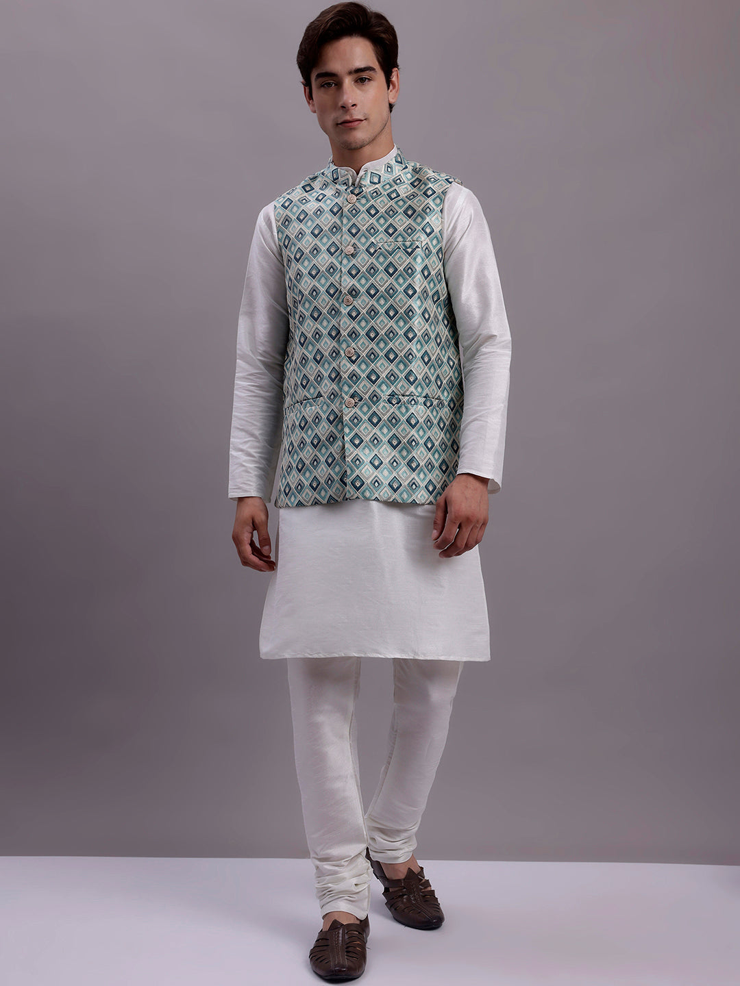 Mens Turquoise Blue Woven Design Nehru Jacket With Solid Kurta Pyjama