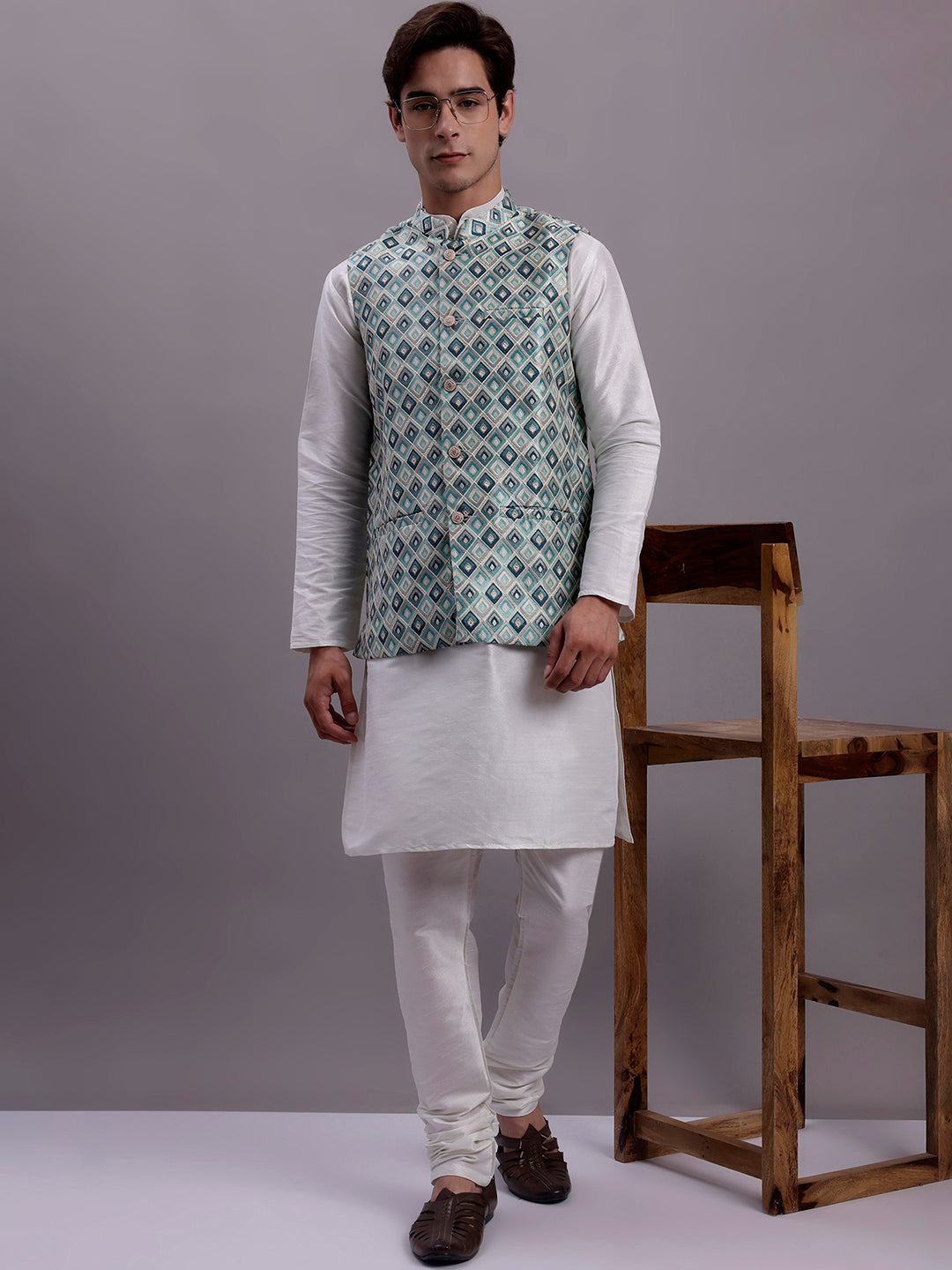 Mens Turquoise Blue Woven Design Nehru Jacket With Solid Kurta Pyjama