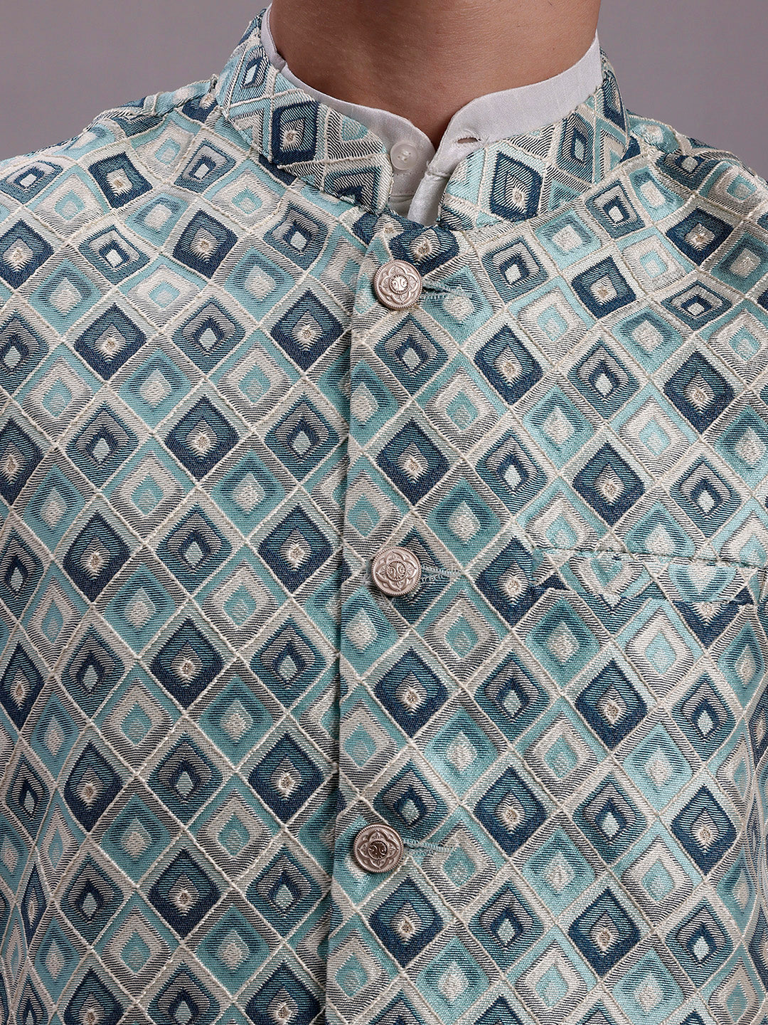 Mens Turquoise Blue Woven Design Nehru Jacket With Solid Kurta Pyjama