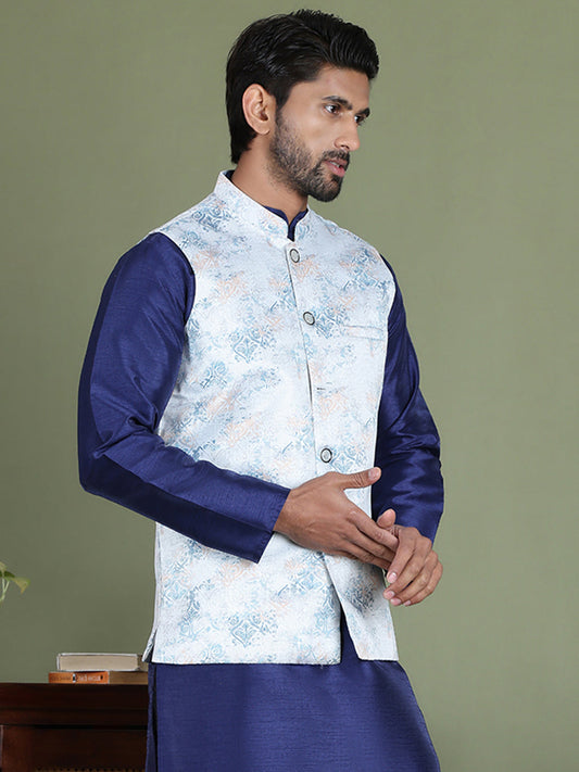 Floral Printed Nehru Jacket ( JOWC 4090Silver )