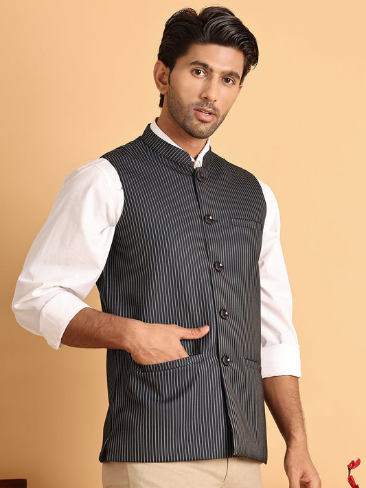 Navy Striped Woven Nehru Jacket for Men ( JOWC 4117Navy )