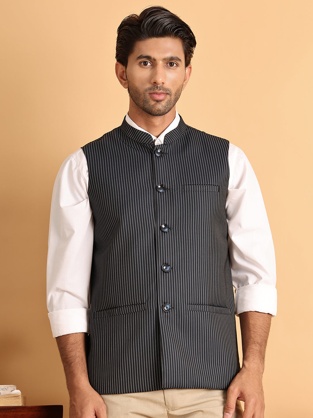 Navy Striped Woven Nehru Jacket For Men