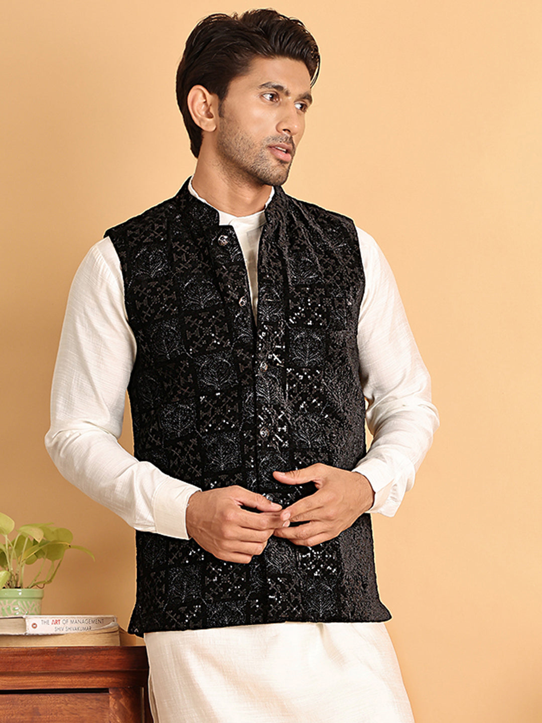 Black Embroidered Nehru Jacket For Men