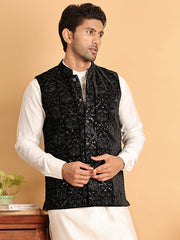 Black Embroidered Nehru Jacket  for Men ( JOWC 4118Black )