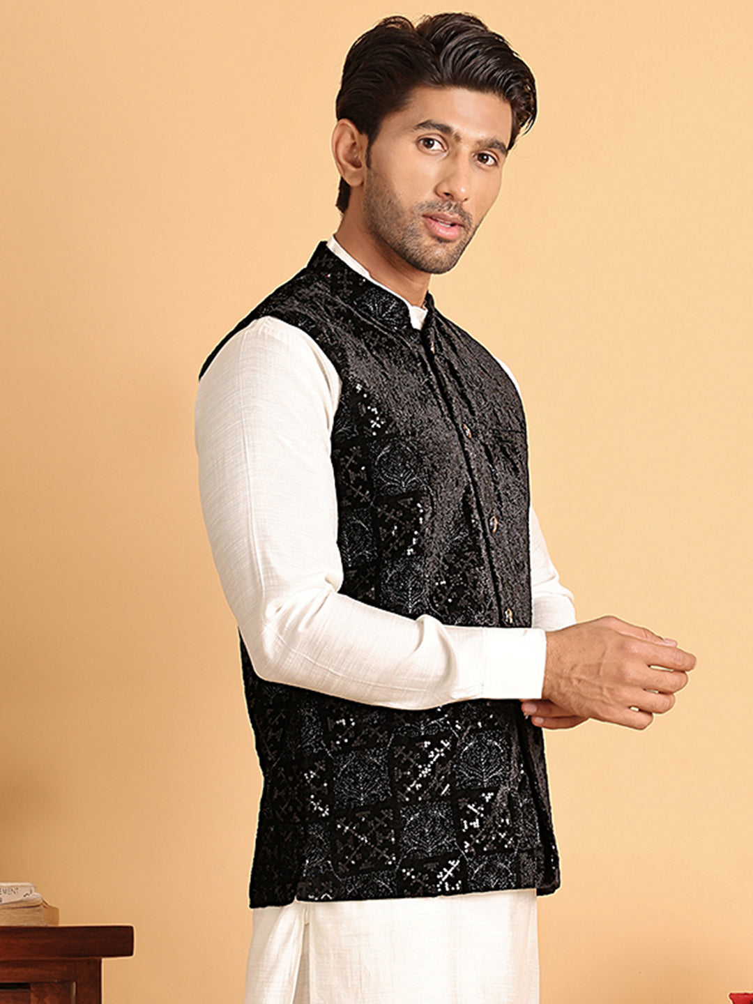 Black Embroidered Nehru Jacket For Men
