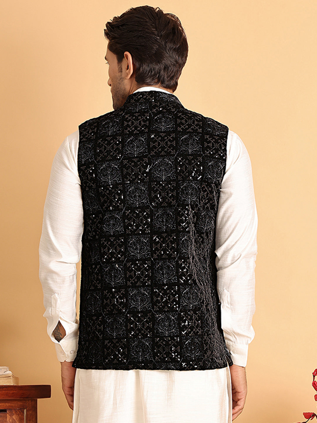 Black Embroidered Nehru Jacket For Men
