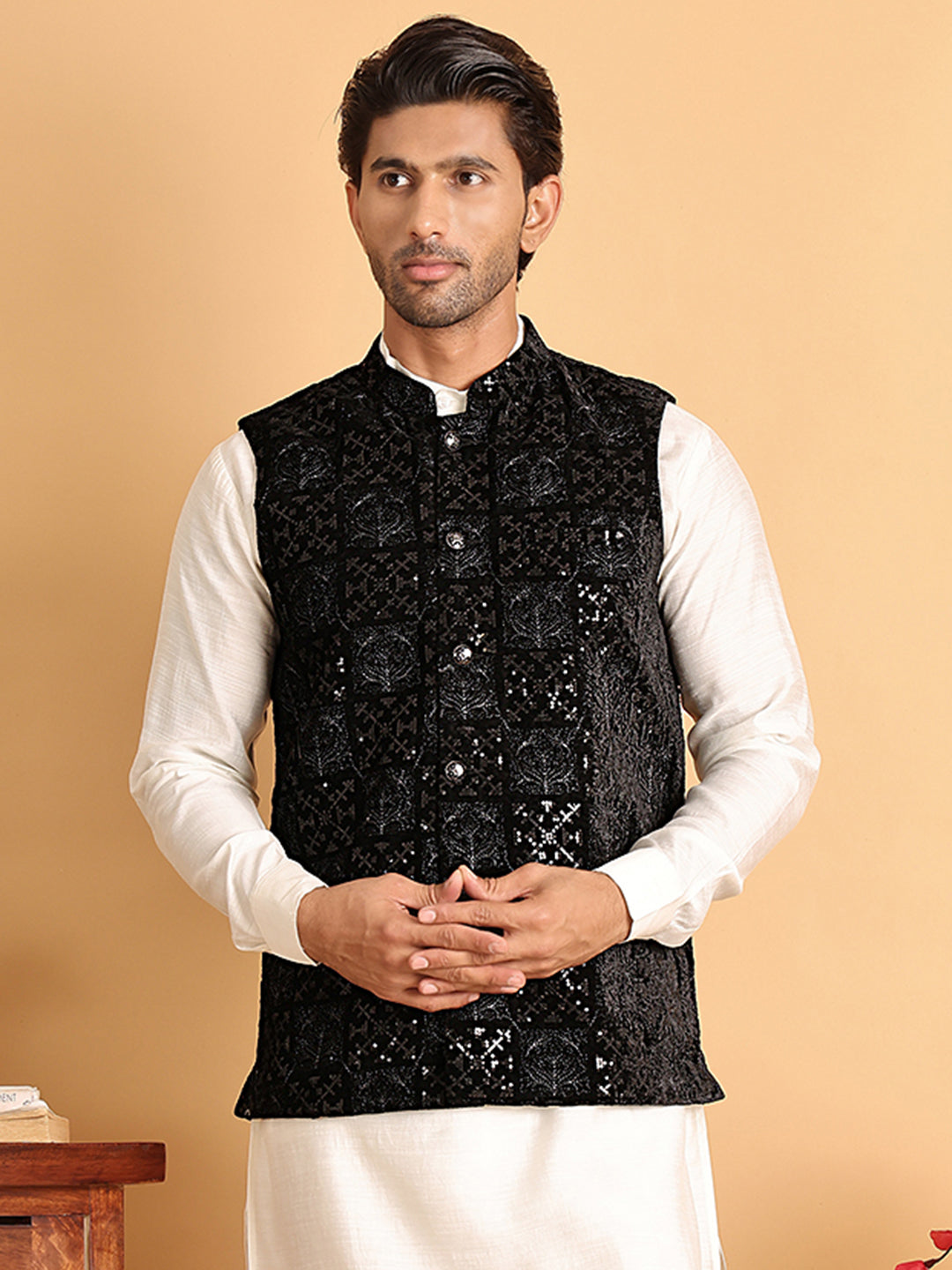 Black Embroidered Nehru Jacket For Men