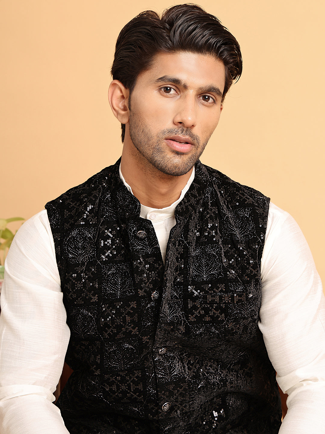 Black Embroidered Nehru Jacket For Men