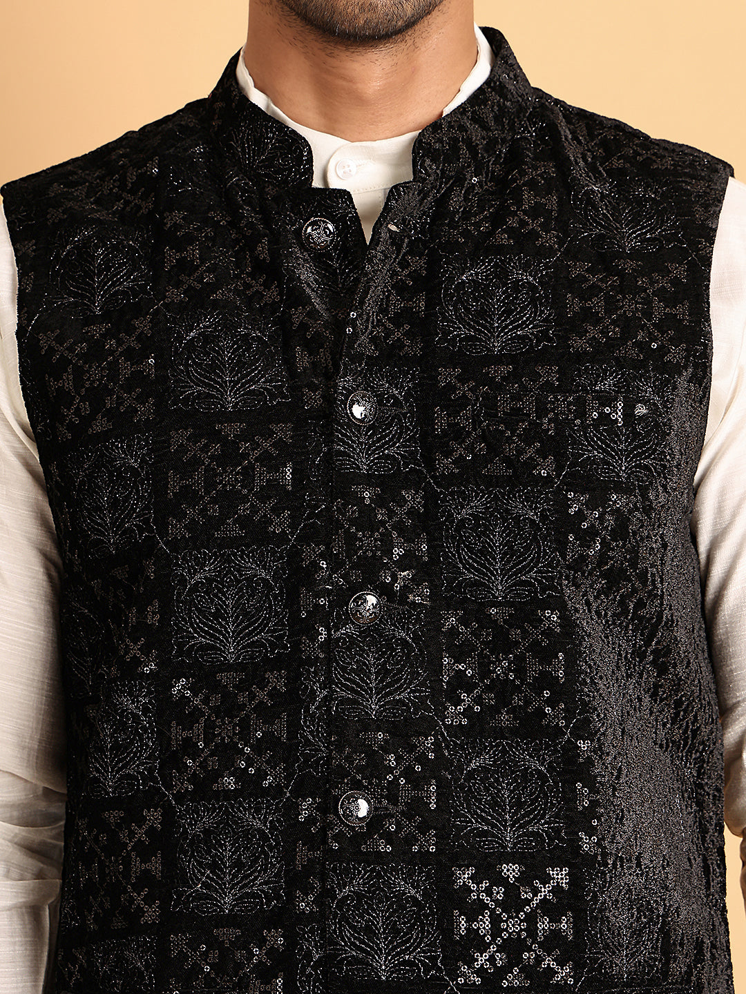 Black Embroidered Nehru Jacket For Men