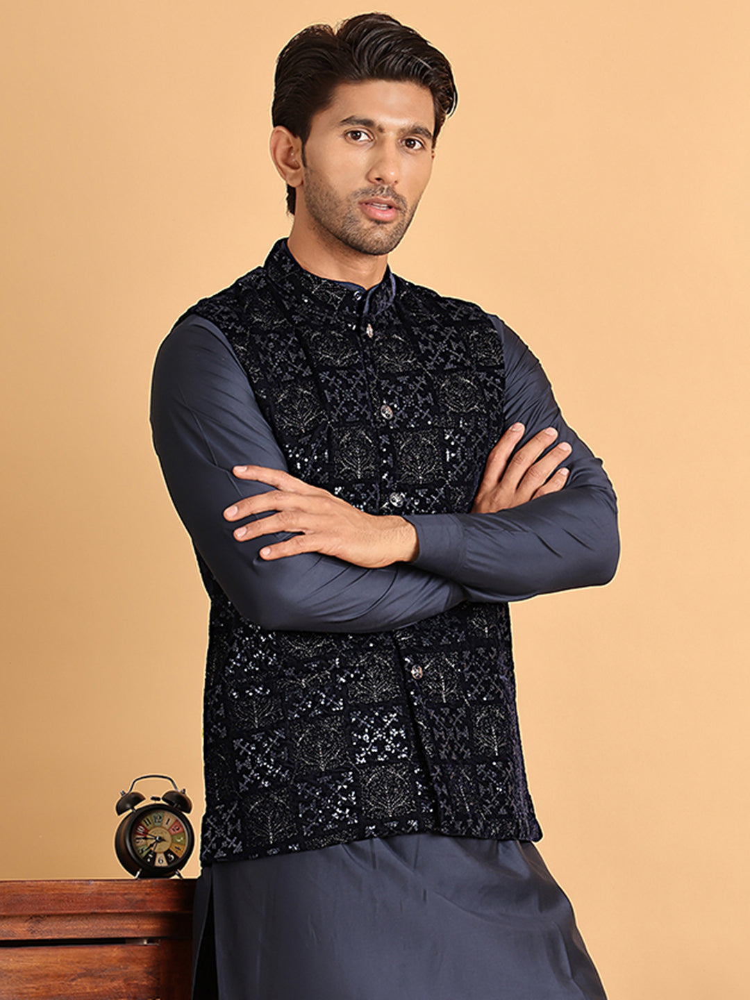 Navy Blue Embroidered Nehru Jacket For Men