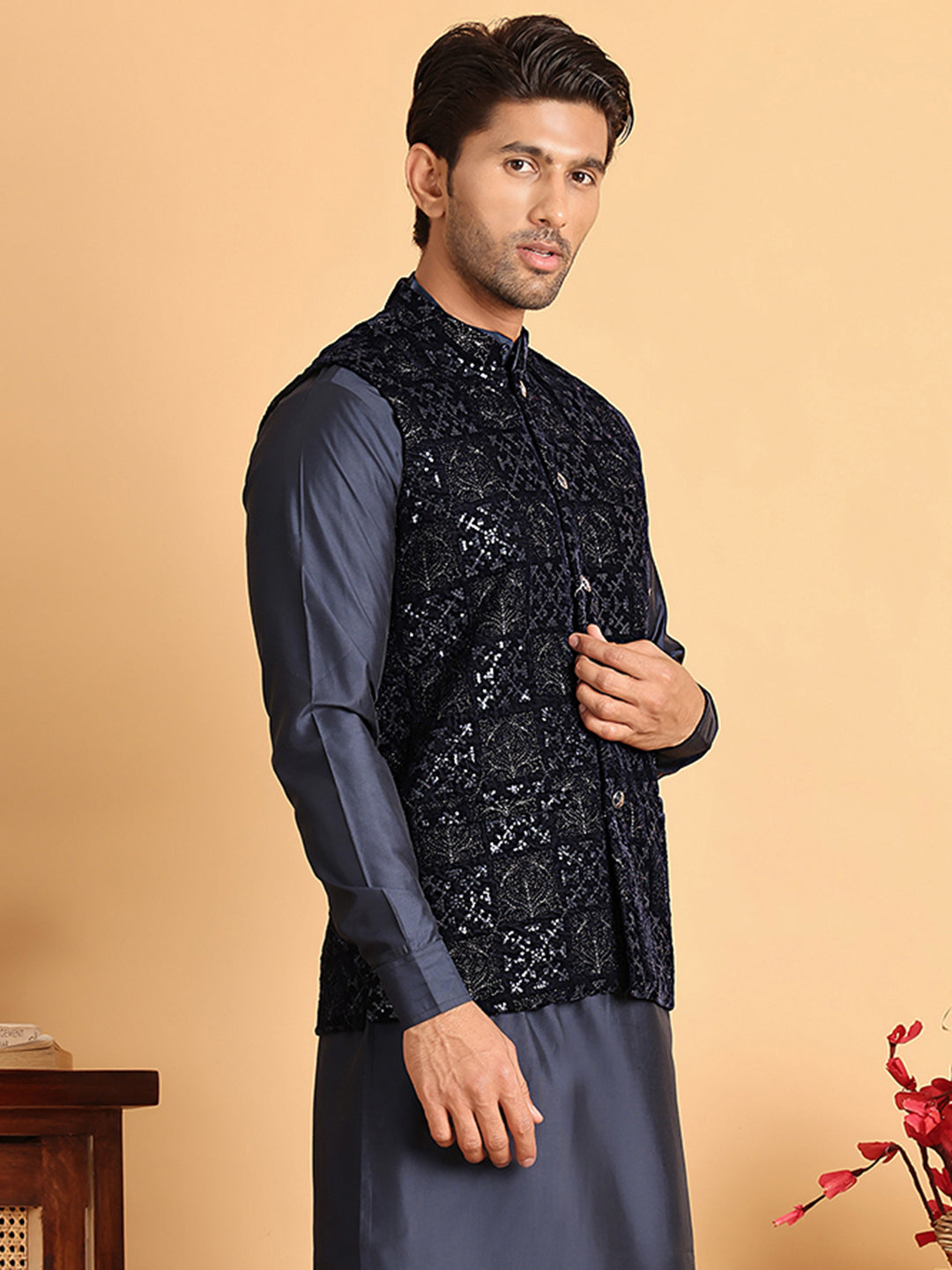 Navy Blue Embroidered Nehru Jacket For Men