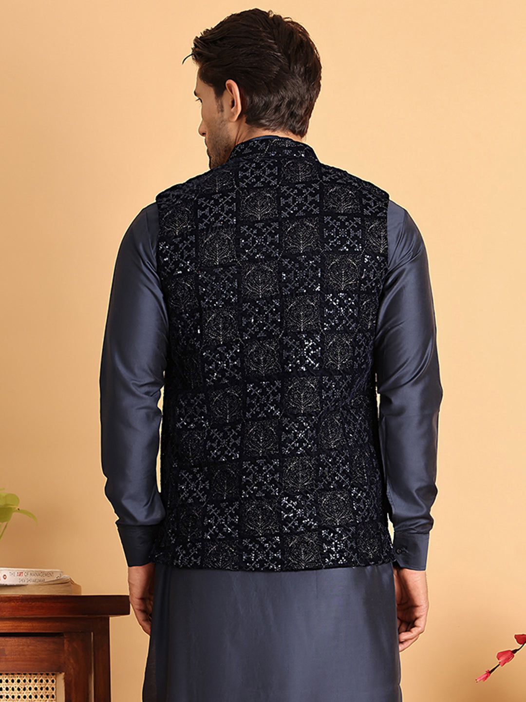 Navy Blue Embroidered Nehru Jacket For Men