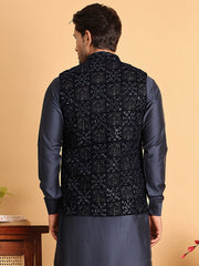 Navy Blue Embroidered Nehru Jacket  for Men ( JOWC 4118Navy )