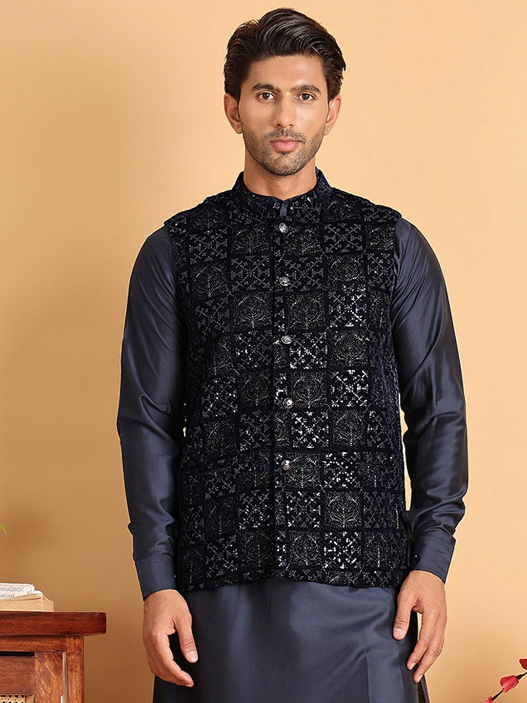 Navy Blue Embroidered Nehru Jacket For Men