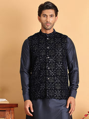 Navy Blue Embroidered Nehru Jacket  for Men ( JOWC 4118Navy )