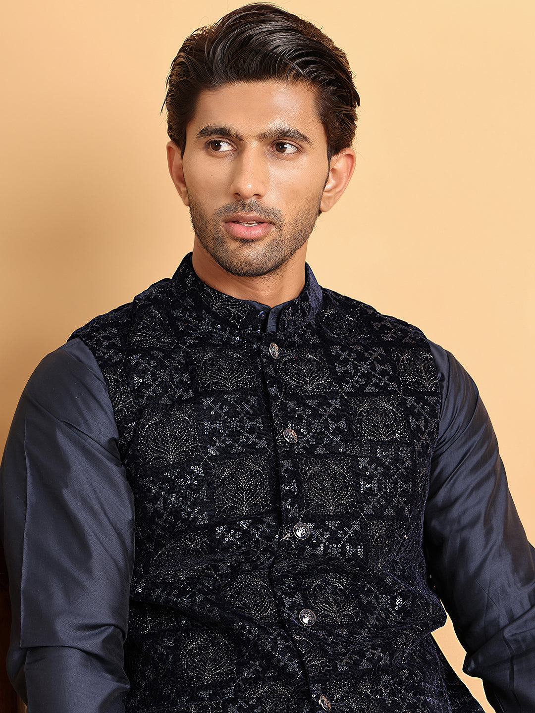 Navy Blue Embroidered Nehru Jacket For Men