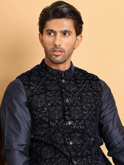 Navy Blue Embroidered Nehru Jacket  for Men ( JOWC 4118Navy )