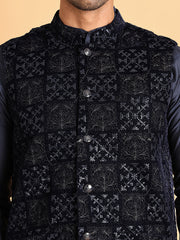 Navy Blue Embroidered Nehru Jacket  for Men ( JOWC 4118Navy )