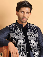 Navy Blue Embroidered Velvet Nehru Jacket for Men ( JOWC 4119Navy )