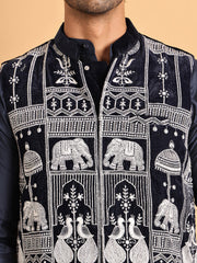Navy Blue Embroidered Velvet Nehru Jacket for Men ( JOWC 4119Navy )