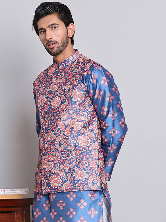 Digital Printed Nehru Jacket For Men ( JOWC 4122Peacock )