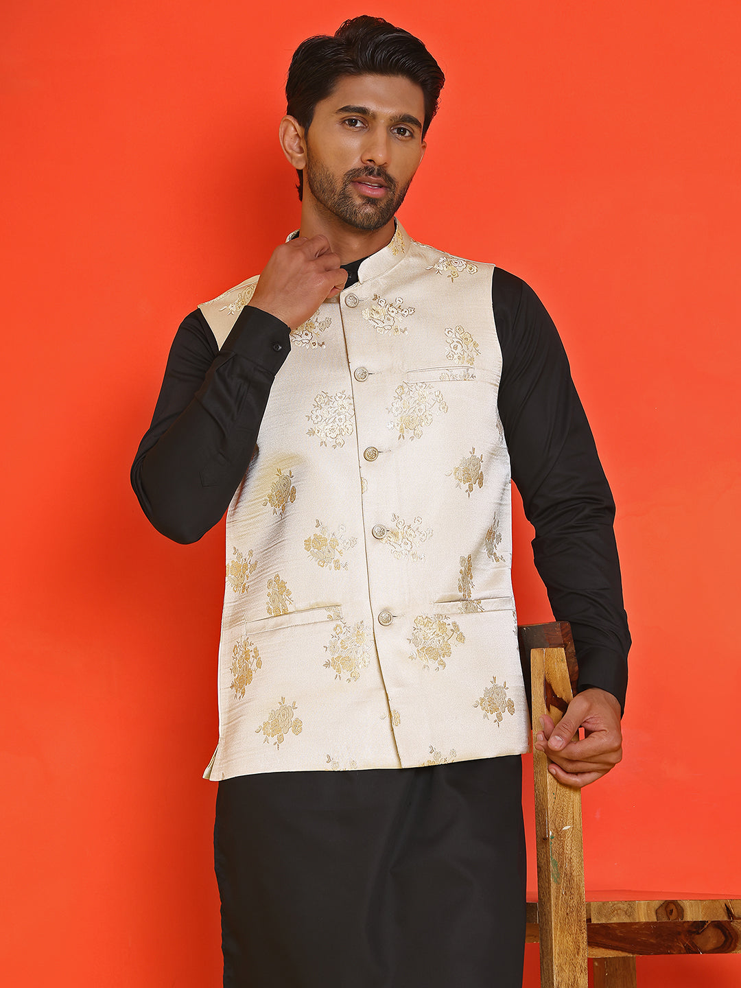 Embossed Design Nehru Jacket For Men