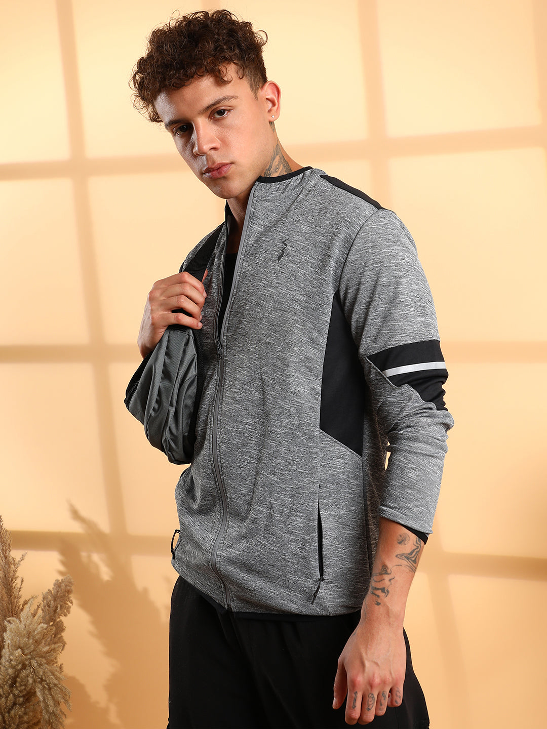 Mens Grey Heathered Activewear Jacket With Contrast Detail