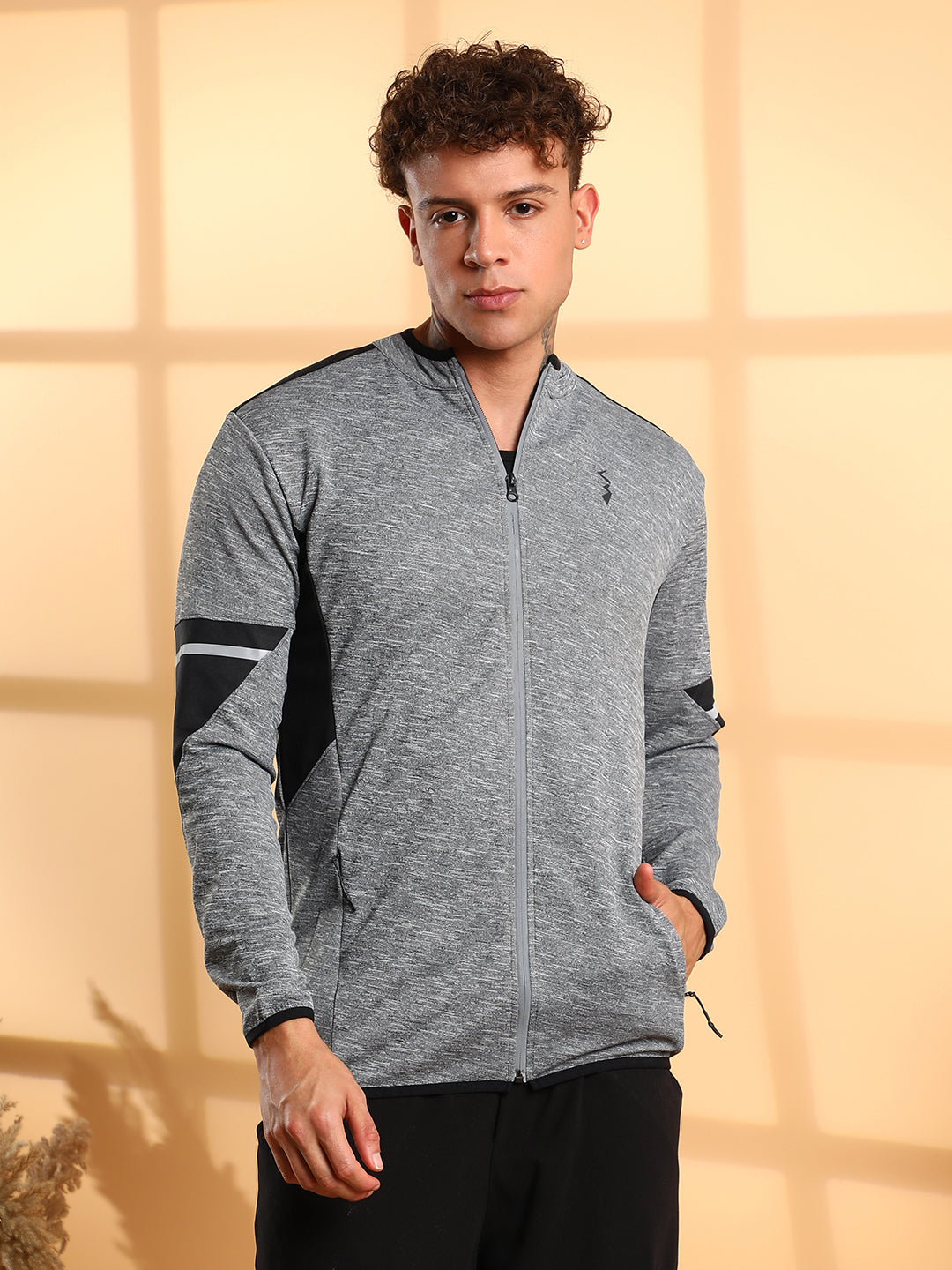 Mens Grey Heathered Activewear Jacket With Contrast Detail